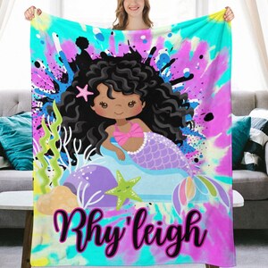 Personalized African Girl Blanket, Customized Blanket For Black Girl Mermaids, African Mermaid Gifts for Black Girls With Dreads Afro Hair