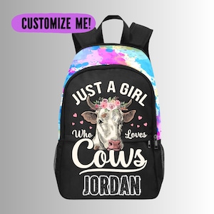 Just A Girl Who Loves Cows Sac à dos pour filles, Sac à dos personnalisé pour les amoureux des vaches, Cadeaux de ferme pour adolescents, Enfants de ferme