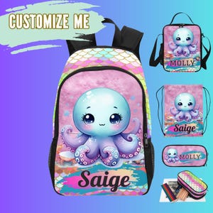 Sac à dos Octopus, sac à lunch, trousse et sac à cordon, sacs Octopus pour la rentrée, cadeaux océan pour toute-petite fille, sacs à dos