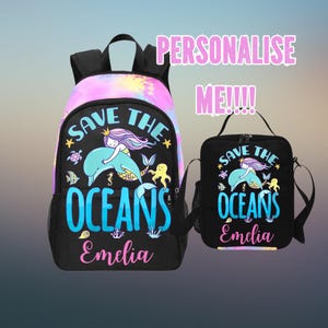 Sac à dos personnalisé Save The Oceans pour l'école - Sac à dos personnalisé pour enfants avec le nom du dauphin - Sac à dos personnalisé pour les amoureux de la mer