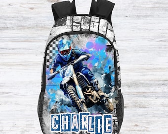 Boys Blue Dirt Bike Backpacks Customized With Name,  Custom Motocross Backpacks for Boys, Motor Sports Gifts for Kids, Dirtbike Bags