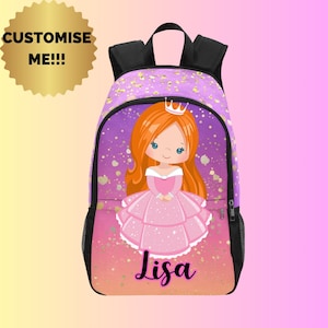 Sac à dos princesse personnalisé avec nom, cartable personnalisé pour jeunes tout-petits, sac à lunch assorti, princesse cheveux roux