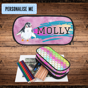 Trousse pingouin pour fille avec nom, papeterie personnalisée pour enfants, trousse personnalisée pour toute-petite fille