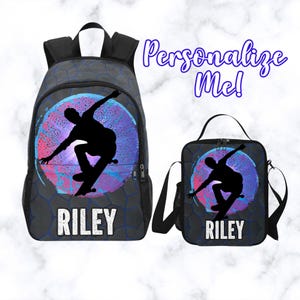 Sac à dos de skateboard pour garçon personnalisé avec son nom - Sac de skateur personnalisé pour garçons, sac à lunch assorti pour garçons de skateur, cadeau pour skateur