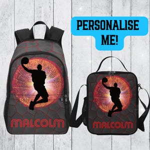 Sac à dos de basket-ball pour garçons avec nom, sac à dos nom pour garçons de basket-ball avec boîte à lunch assortie, sac d'école personnalisé