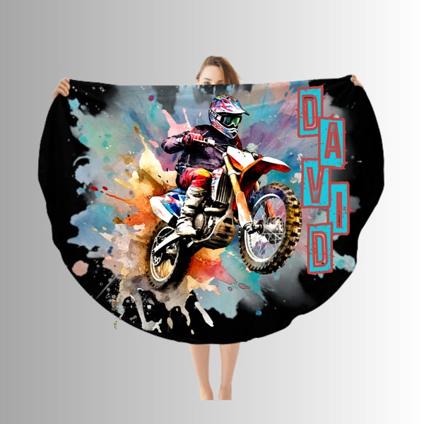 Customized  Dirtbike Blanket for Boys, Round Fleece  Motocross Throw For Bedroom,   Dirtbike Bedding For Kids And Teens Biking Gifts