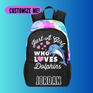 Sac à dos Just A Girl Who Loves Dolphins et sac à lunch assorti pour fille, cartable avec nom sur les dauphins pour l'école, cadeaux dauphins pour enfants
