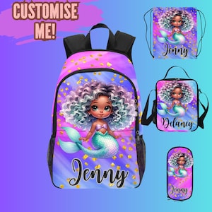 Sac à dos sirène pour filles noires, sac à dos personnalisé pour filles sirène afro-américaines pour petites filles, sacs pour la rentrée, enfants d'âge préscolaire