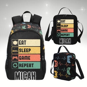 Eat Sleep Game Repeat Sac à dos Gamer Boy, Sac à dos gaming personnalisé avec nom, Sac à dos Gamer Boys pour cartable, Boîte à lunch assortie