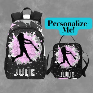 Sac à dos de softball personnalisé et sac à lunch assorti, cartable personnalisé pour adolescentes de baseball avec nom, sac à dos pour enfants