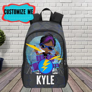 Sac à dos pour tout-petit pour enfants batteurs, sac à dos de batterie personnalisé et ensemble de boîte à lunch, sac à dos nom pour commencer l'école, cadeaux de sacs de batterie