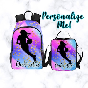 Sac à dos de basket-ball pour fille personnalisé avec nom - Sac de basket-ball personnalisé avec sac à lunch assorti - Sacs de basket-ball pour tout-petits et enfants