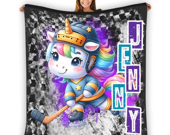 Toddler Ice Hockey Unicorn Blanket,  Custom Kids Hockey Blankets with Name, Personalized Hockey Blanket Throw for Young Children Unicorns