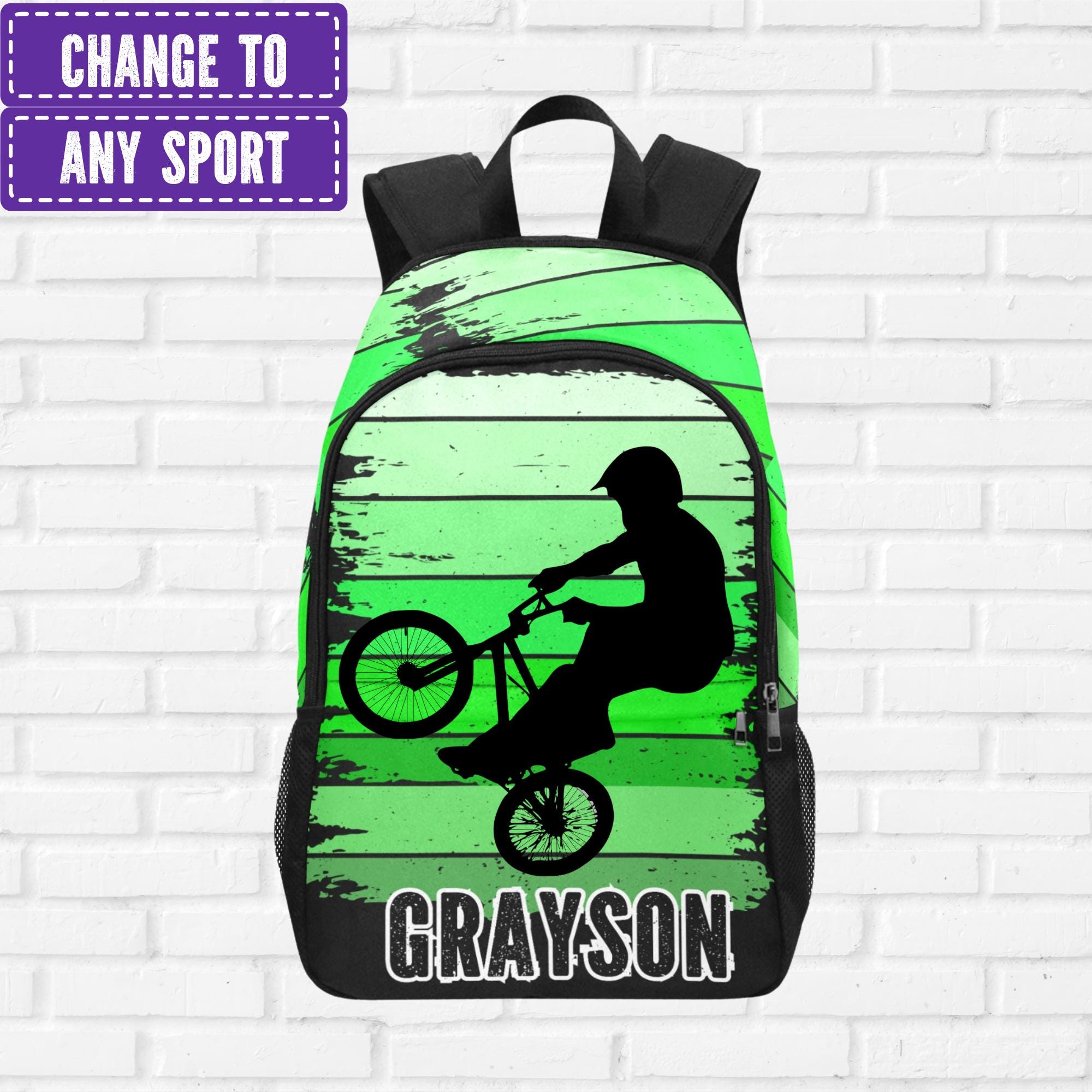 Sac à dos BMX pour garçons personnalisé avec nom, cartable personnalisé pour garçons BMX, sacs de livres pour enfants motards, cadeau pour enfants motard autocross