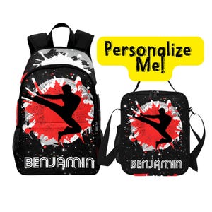 Sac à dos garçon pour taekwondo enfants, ensemble sac à dos de taekwondo personnalisé et boîte à lunch, sac à dos nom pour commencer l'école, cadeaux de sacs de karaté