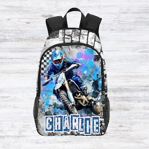 Boys Blue Dirt Bike Backpacks Customized With Name,  Custom Motocross Backpacks for Boys, Motor Sports Gifts for Kids, Dirtbike Bags