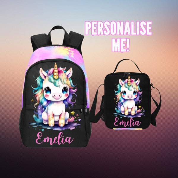 Custom Unicorn Girl Backpack And Matching Lunchbag for Girls, Unicorn Bags With Name on For School, Unicorn Gifts, Customized Bookbag