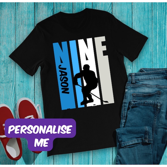 Boys Customized 9th Birthday Ice Hockey T-Shirt , 9th Birthday Ice Hockey Birthday T-Shirt , Teen Ice Hockey Tees for Children Ninth Bday