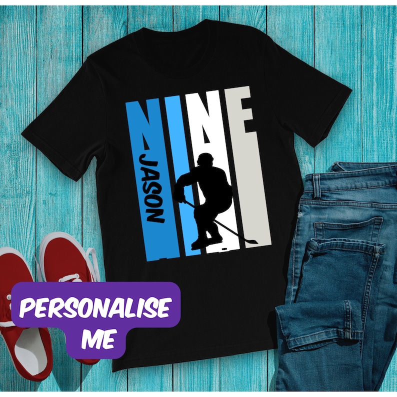 Boys Customized 9th Birthday Ice Hockey T-Shirt , 9th Birthday Ice Hockey Birthday T-Shirt , Teen Ice Hockey Tees for Children Ninth Bday image 1