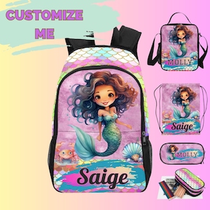 Sac à dos sirène latine, sac à lunch, ensemble trousse à crayons sirène et sac à cordon, mignons sacs à dos sirène pour jeunes filles entrant à l'école