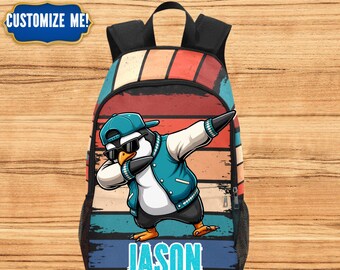 Mochila con diseño de pingüino bailando para niños, con nombre personalizado, para la vuelta al cole.