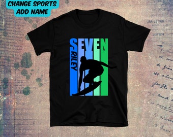 Kids Personalized 7th Birthday Surf  Shirt - Boys 7 Today  Surfing  TShirt Fully Customized With Name - Cool Retro Graphic Design