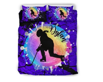 Personalized Ice Hockey Bedding With Name On, Customized Bed Cover For Girls Ice Hockey Players, Cool Gift for Ice Hockey Girls Bedroom