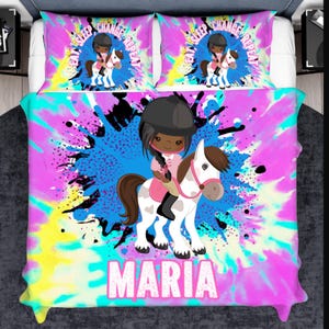 Toddler Horse Riding Duvet Set for Girls, Custom Horse Duvet Sets, Customized Horse Riding Gift for Kids, Personalized Bedpsreads for Girls