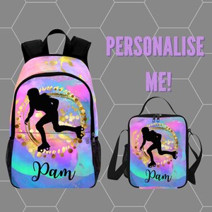 May include: A backpack and lunch bag set with a colorful, tie-dye style design. Each item features a black silhouette of a roller skater inside a gold circle, with the name "Pam" in cursive. The text "Personalise Me!" is above the bags.