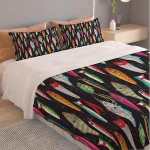 fish lure bedding Amazon.com: Bait Set Kids Fishing Bass Pike Fish Comforter Cover Set for Boys Men Fishing and Hunting Duvet Cover Bright Colorful Fish Hook Bedspread Cover Room Decor Quilt Cover Twin Bring the beautiful blue lake right to your bedroom Quilt Patterns Quilt Fishing Baby
