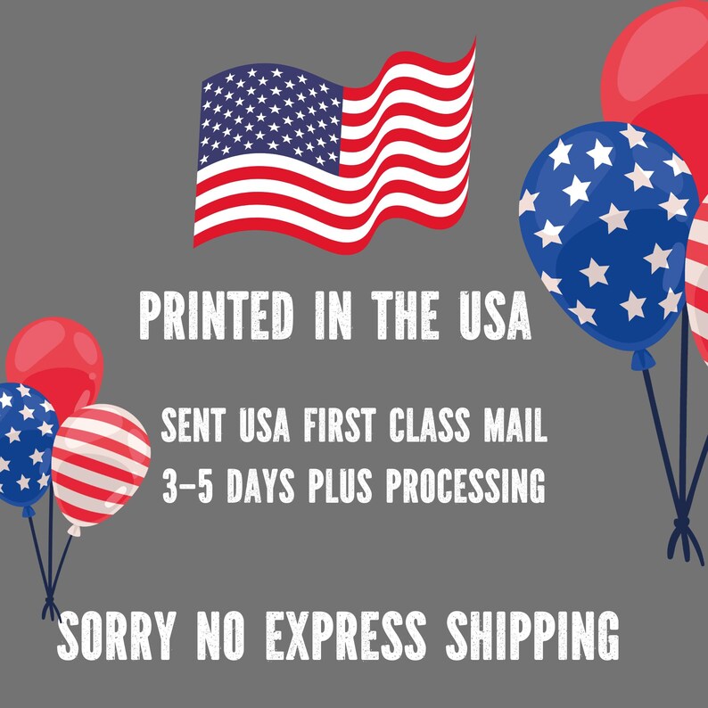 an american flag and balloons with the text printed in the usa sent usa first class