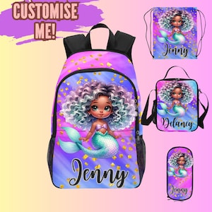 Sac à dos sirène afro personnalisé pour filles noires, Sac à dos africain avec sirènes pour la rentrée, Sacs à dos sirène noirs pour filles