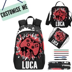 Sac à dos pour garçon pour enfants joueurs, ensemble sac à dos et boîte à lunch pour gamer personnalisé, sac à dos nom pour commencer l'école, sacs pour gamer cadeaux