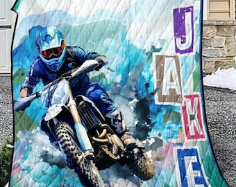 Custom Dirt Bike Quilt Sets With Pillowcases, Dirt Bike Bedding With Name on For Kids, Boys Biker Bedding, Endurocross Gift, Motocross Quilt