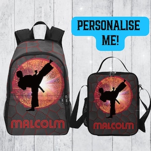 Sac à dos de taekwondo pour garçons avec prénom, sac à dos prénom pour garçons de taekwondo, sacs de sport pour la rentrée des classes, boîte à lunch assortie