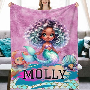 Personalized Afro Mermaid Blanket for Young Girls, Girls Custom Blanket for Black Mermaids, Black Princess Gifts, Black Girl Magic