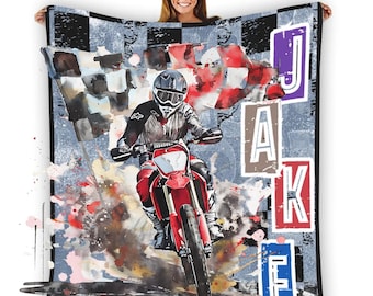Custom Dirtbike Blankets for Boys With Name on, Dirt Bike Blankets With Name on, Gift for Biker Boys, Motocross Gifts for Kids, Biker Boys