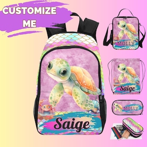 Sac à dos tortue, sac à lunch, ensemble trousse et sac à cordon, sacs tortues pour la rentrée, cadeaux tortues pour toute-petite fille, sacs à dos