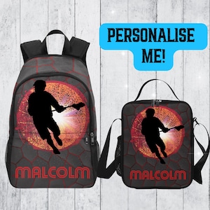 Sac à dos de crosse pour garçons avec prénom, sac à dos prénom pour garçons de crosse de crosse avec boîte à lunch assortie, sac d'école personnalisé