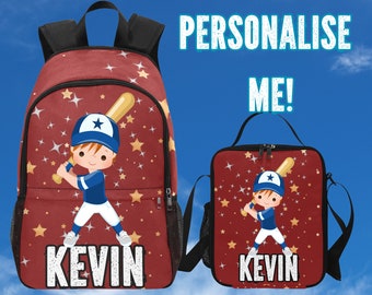 Personalised Baseball Backpack for Kids - Customized Name Backpack for Baseball Kids, Matching Lunchbag Available Lunchbox Set