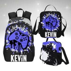 Sac à dos pour garçon pour enfants gamers, ensemble sac à dos de jeu personnalisé et boîte à lunch, sac à dos prénom pour la rentrée des classes, cadeau pour gamer garçon