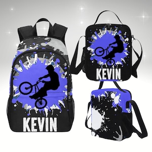 Sac à dos garçon pour VTT enfant, ensemble sac à dos BMX personnalisé et boîte à lunch, sac à dos enfant avec boîte à lunch assortie pour enfant BMX