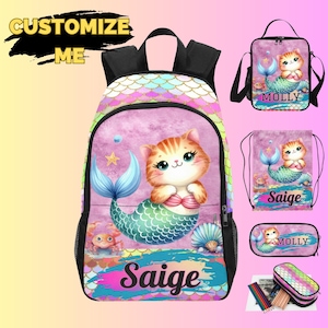 Custom Cat Mermaid Backpack for Toddlers, Cute Kindergarten Bookbag for Kids starting Pre K Or Pre School, Funny Cat Rucksack for Children