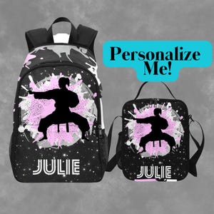 Sac à dos de karaté personnalisé et sac à lunch assorti, cartable personnalisé pour adolescentes de karaté avec nom, sac pour filles ninja