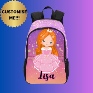Sac à dos Aubern Princess personnalisé avec nom, cartable personnalisé pour jeunes enfants avec des cheveux Aubern, sac à lunch assorti