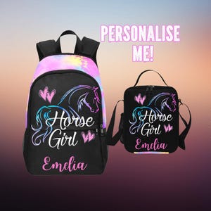 Sac à dos personnalisé pour fille cheval et sac à lunch assorti pour fille, sacs de cheval pour l'école, cadeaux pour cavaliers, équitation amour chevaux