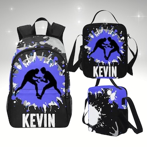 Sac à dos pour garçons pour lutteurs enfants, ensemble sac à dos de lutte personnalisé et boîte à lunch, sac à dos pour enfants avec boîte à lunch assortie pour lutteurs