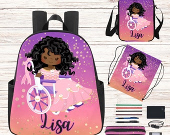 Personalized Black Princess In Wheelchair Backpack With Name On, Customized School Bag for Disabled Toddlers, Matching Lunchbag, Personalise