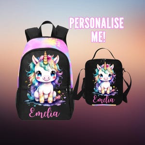 Sac à dos personnalisé licorne fille et sac à lunch assorti pour fille, sacs licorne avec nom pour l'école, cadeaux licorne, cartable personnalisé