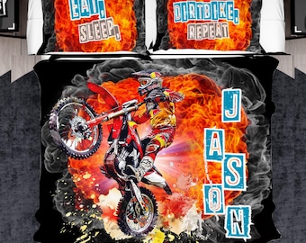 Custom Boys Dirt Bike Duvet set, Custom Dirtbike Bedding for Kids, Teenagers Bedding Sets for Dirtbikers, Dirt BIke Quilts With Name On
